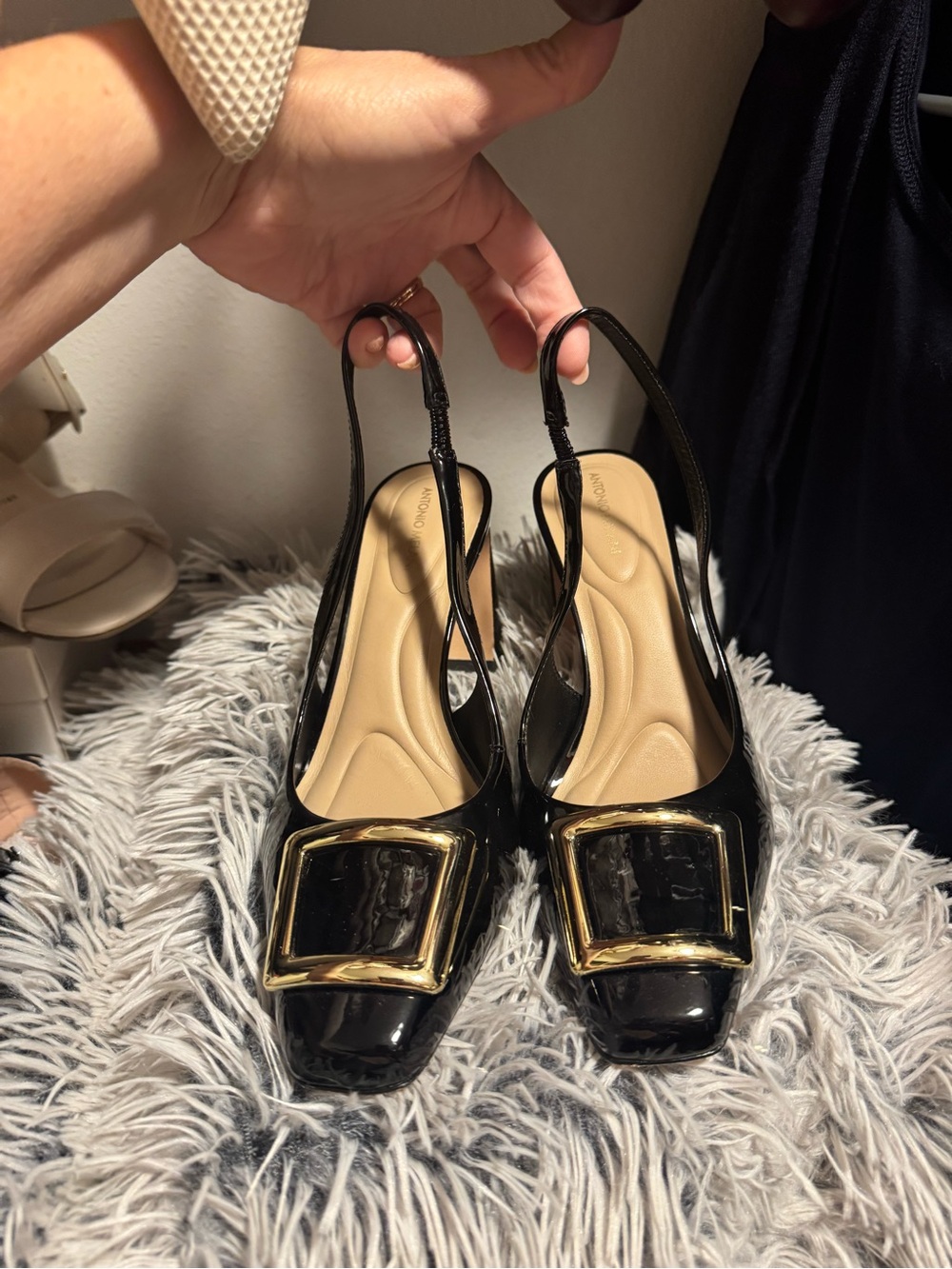 ANTONIO MELANI Black Patent Slingback heels with Gold Buckle